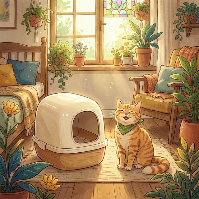 Cat next to a clean litter box
